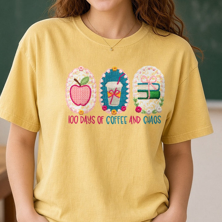 100 Days of School DTF transfer shown on a Comfort Colors tee