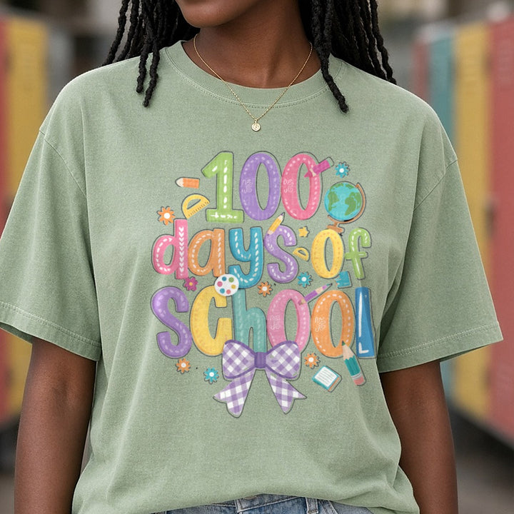 100 Days of School DTF transfer shown on a Comfort Colors tee