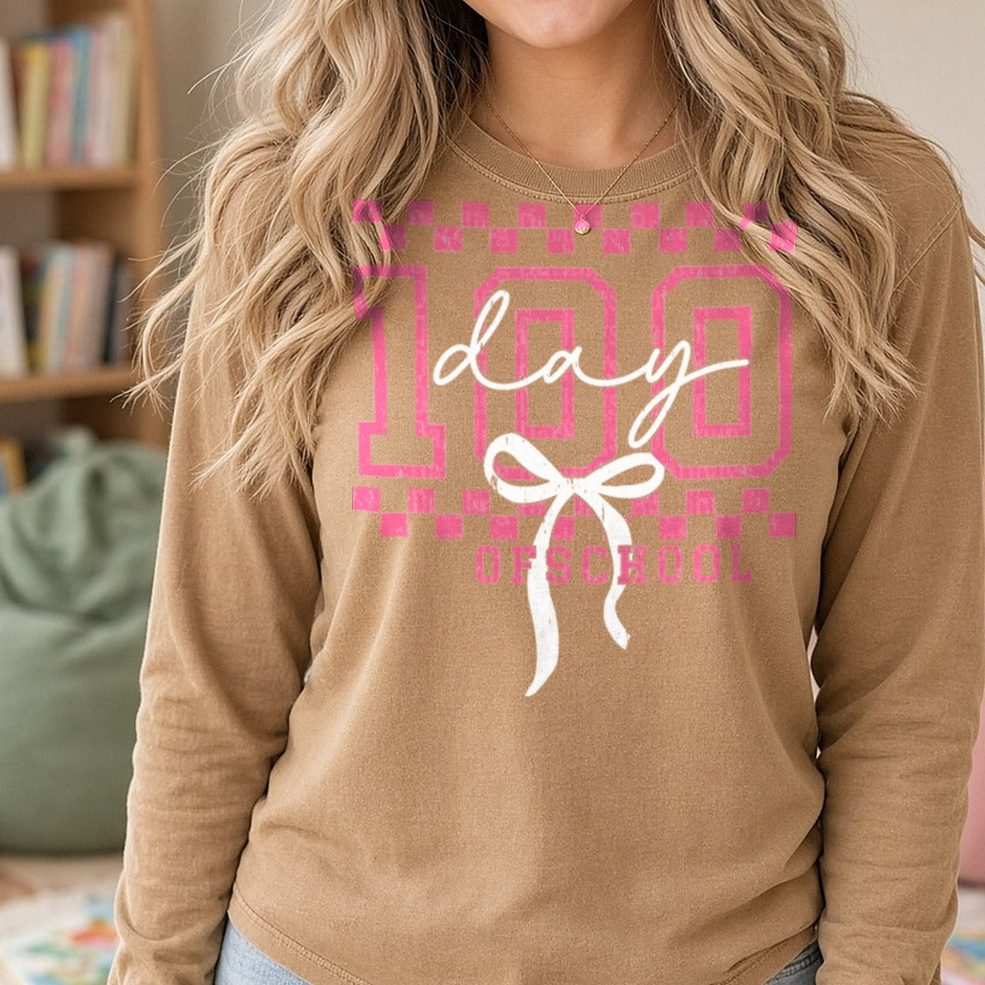 100 Days of School DTF transfer shown on a Comfort Colors long sleeve tee