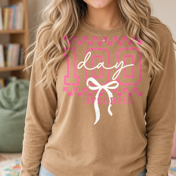 100 Days of School DTF transfer shown on a Comfort Colors long sleeve tee