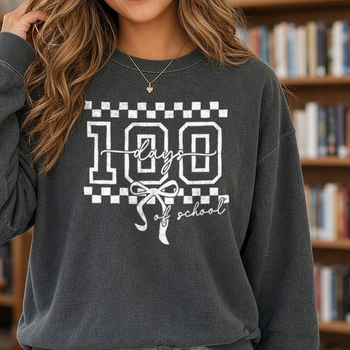 100 Days of School DTF transfer shown on a Comfort Colors sweatshirt