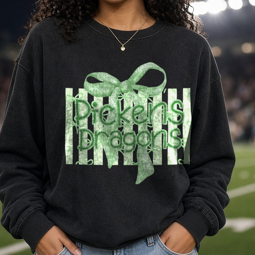 Pickens Dragons Preppy Stripe DTF transfer shown on a Comfort Colors sweatshirt