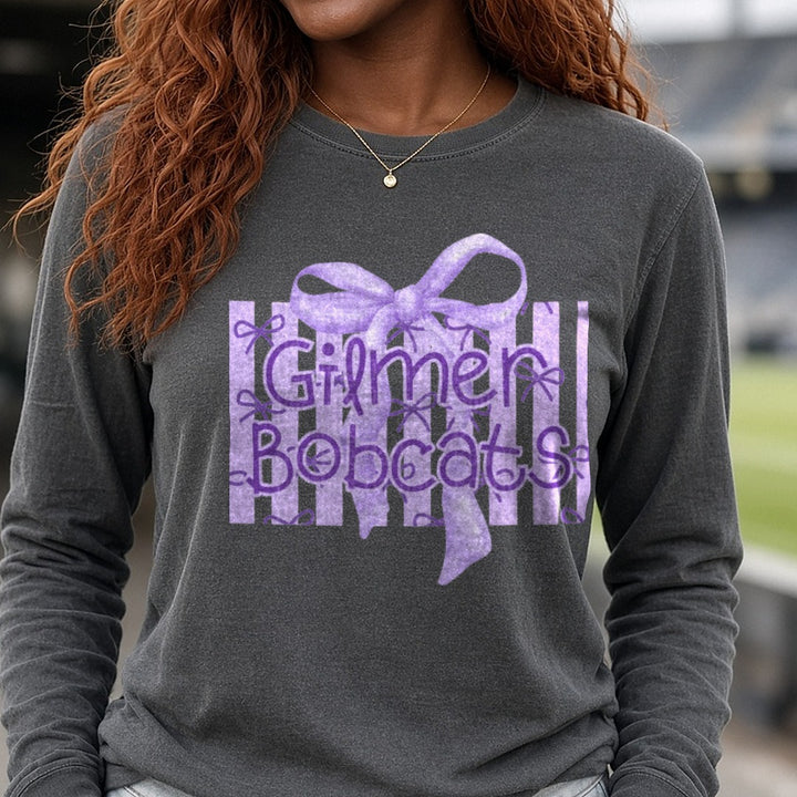 Gilmer Bobcats Preppy Stripe DTF transfer shown on a Comfort Colors long sleeve tee