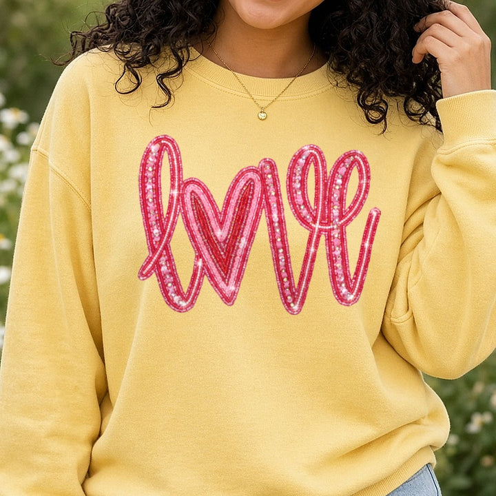 Love Sequins Valentines Day DTF transfer shown on a Comfort Colors sweatshirt
