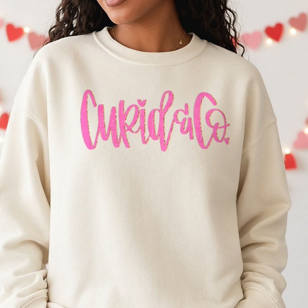 Cupid & Co Valentines Day DTF transfer shown on a Comfort Colors sweatshirt