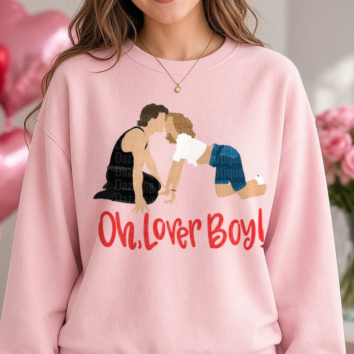 Oh Lover Boy Valentines Day DTF transfer shown on a Comfort Colors sweatshirt
