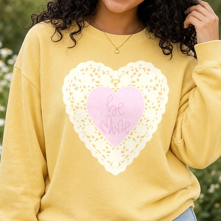 Lace Heart Valentines Day DTF transfer shown on a Comfort Colors sweatshirt