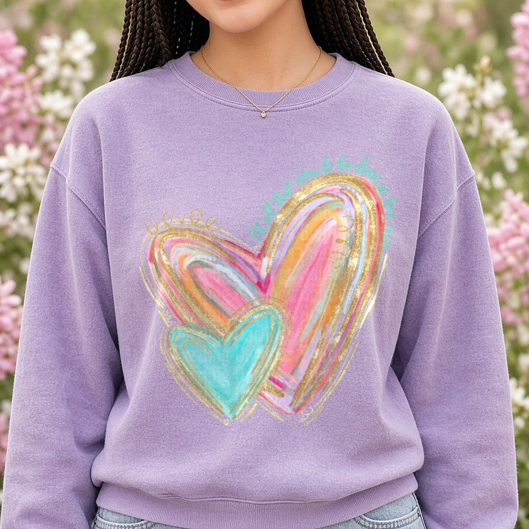 Watercolor Heart Valentines Day DTF transfer shown on a Comfort Colors sweatshirt