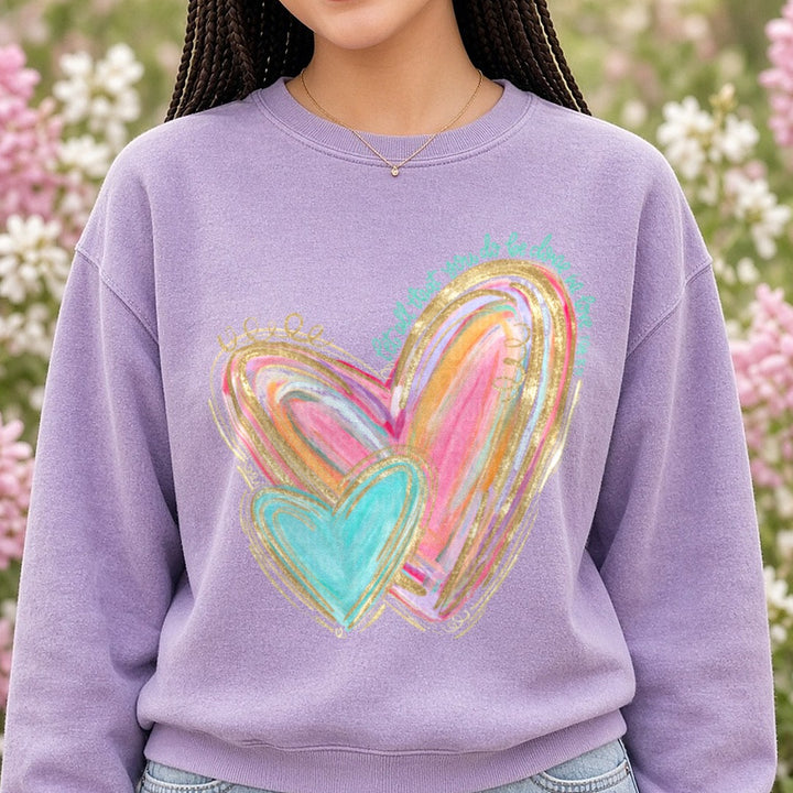 Watercolor Heart Valentines Day DTF transfer shown on a Comfort Colors sweatshirt