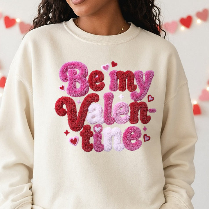 Be My Valentine Crochet Valentines Day DTF transfer shown on a Comfort Colors sweatshirt