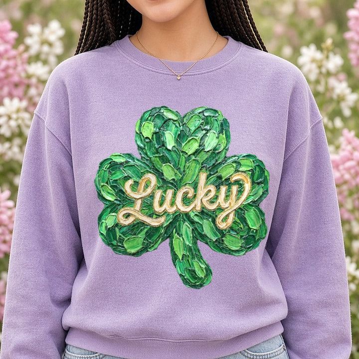 Brushstroke Lucky Shamrock St Patricks Day DTF transfer shown on a Comfort Colors sweatshirt