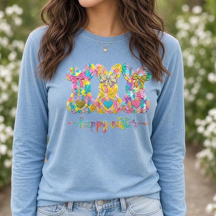 Happy Easter Bunny Trio Brushstroke DTF transfer shown on a Comfort Colors long sleeve tee