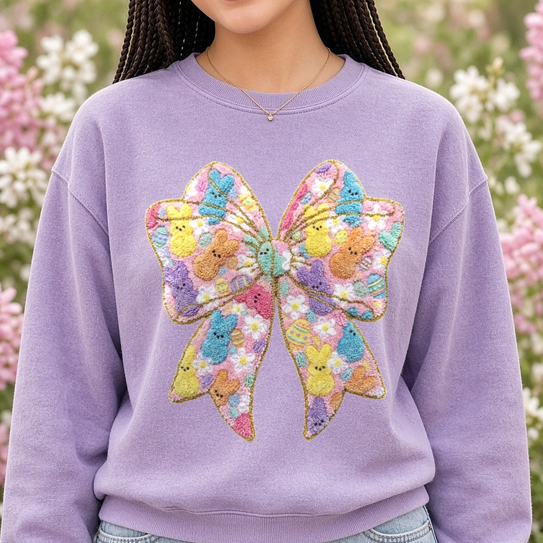 Easter Bow Crochet DTF transfer shown on a Comfort Colors sweatshirt