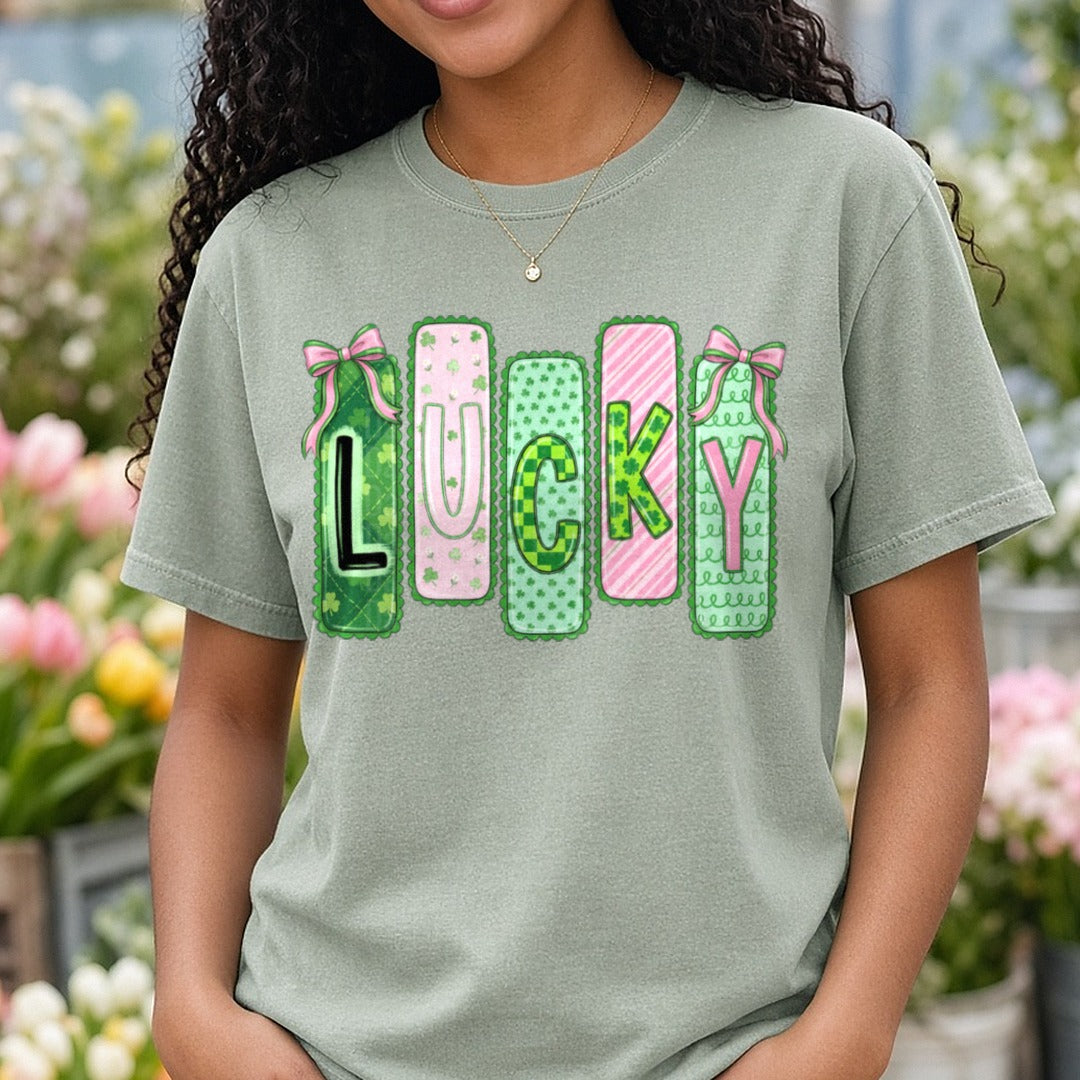 St Patrick's Day Lucky DTF transfer shown on a Comfort Colors tee