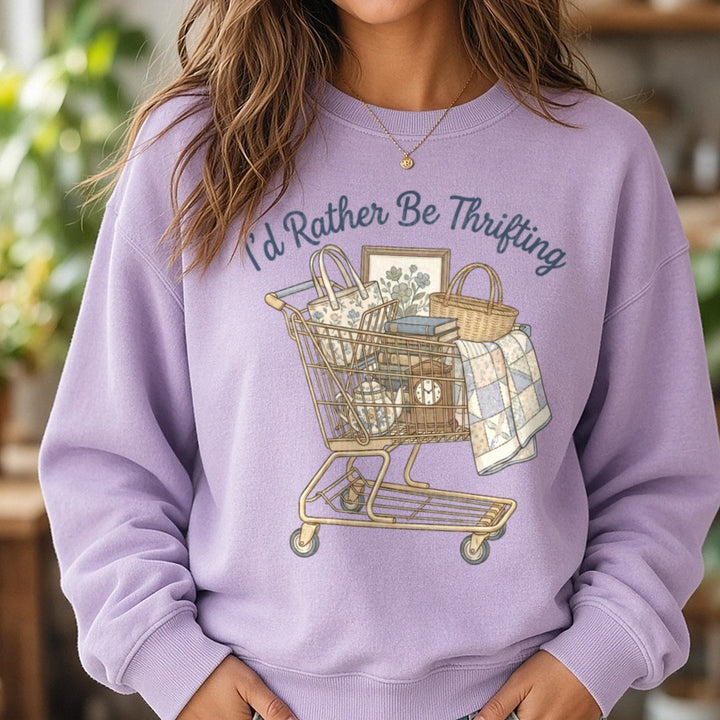 I'D RATHER BE THRIFTING buggy DTF transfer shown on a Comfort Colors sweatshirt