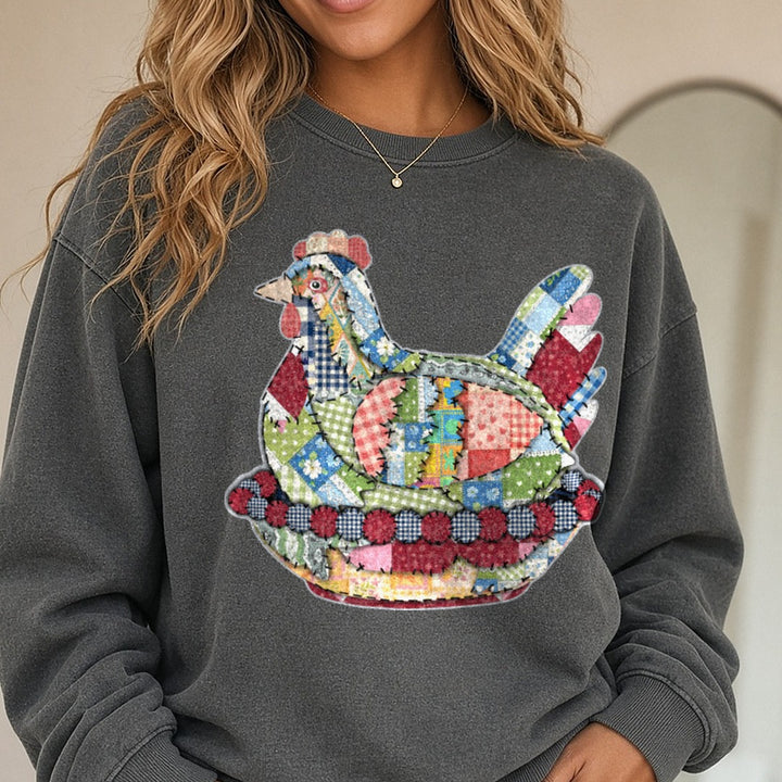 Patchwork Chicken DTF transfer shown on a Comfort Colors sweatshirt