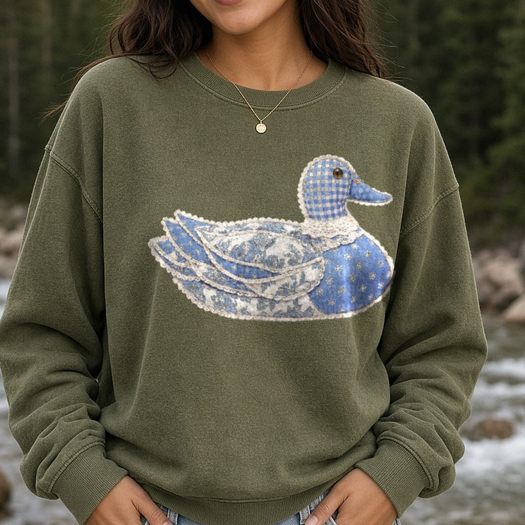 Patchwork Chino Duck DTF transfer shown on a Comfort Colors sweatshirt