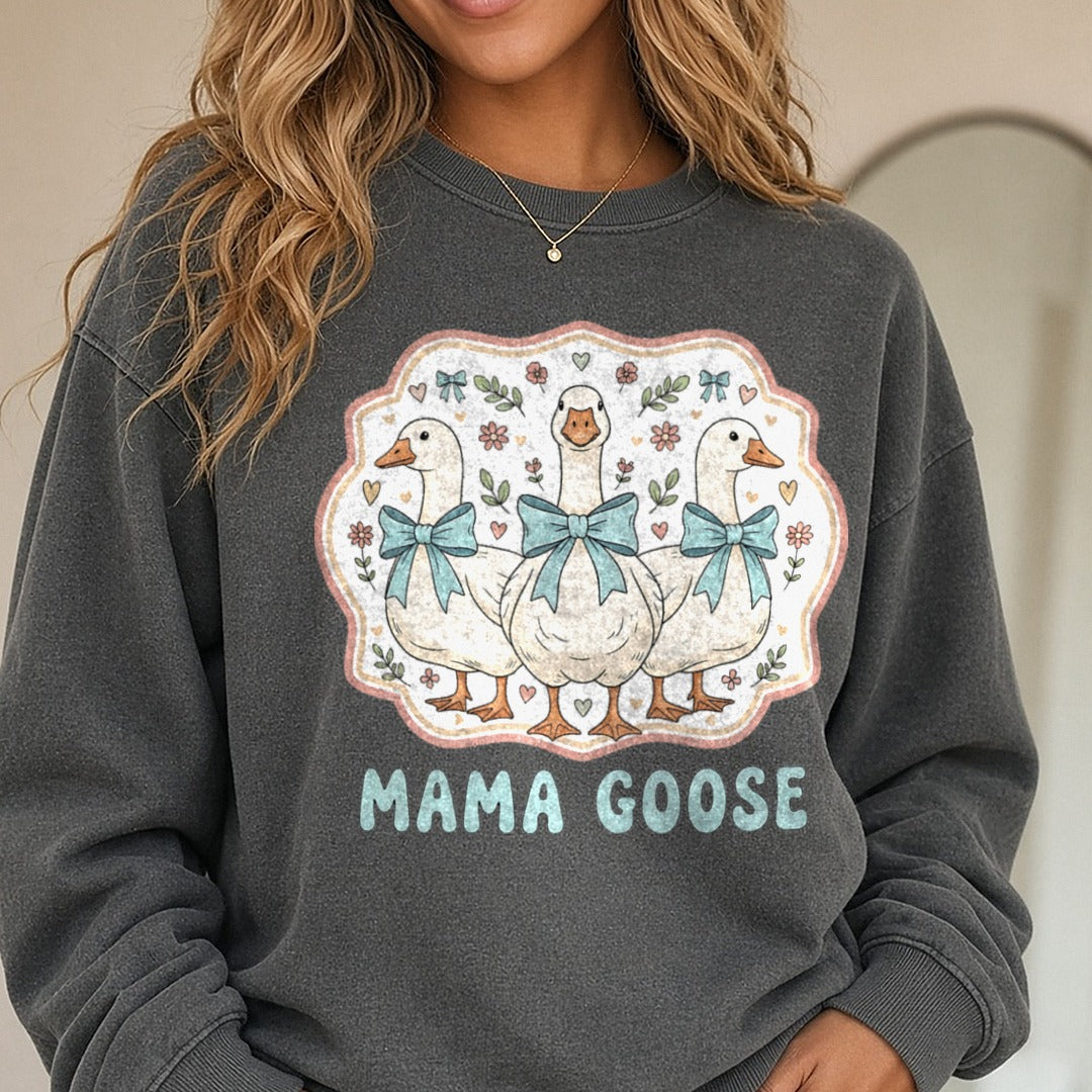 Mama Goose Vintage DTF transfer shown on a Comfort Colors sweatshirt