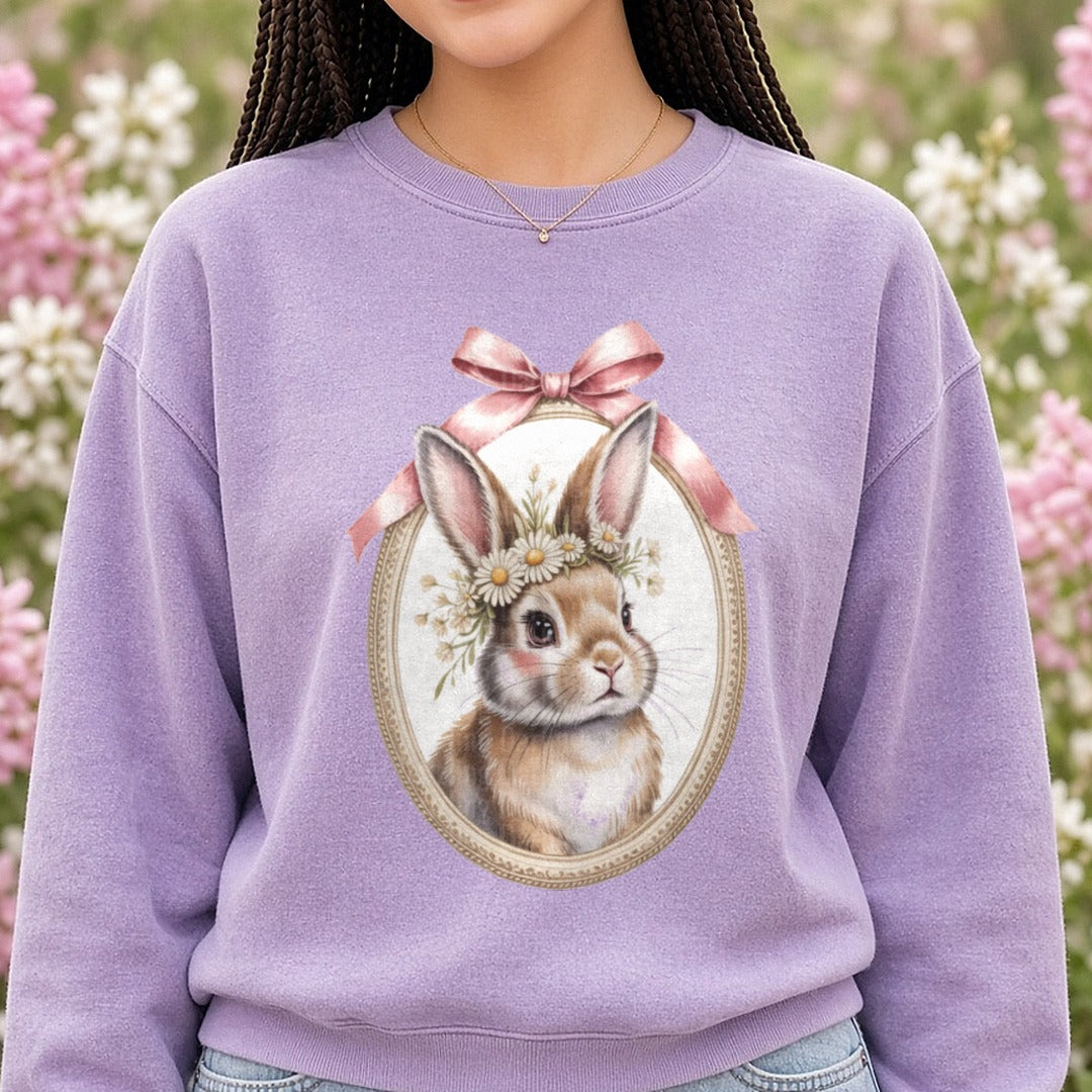 Vintage Easter Bunny DTF transfer shown on a Comfort Colors sweatshirt