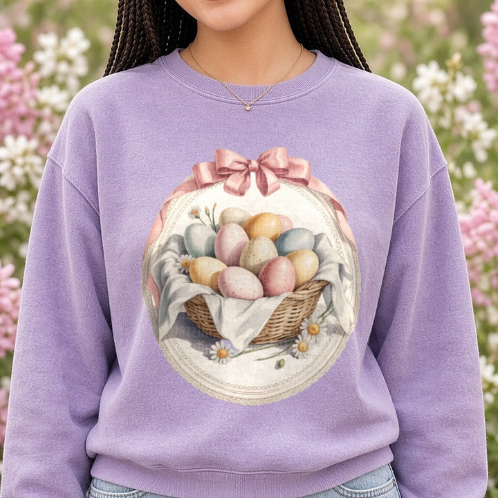 Vintage Easter Eggs DTF transfer shown on a Comfort Colors sweatshirt