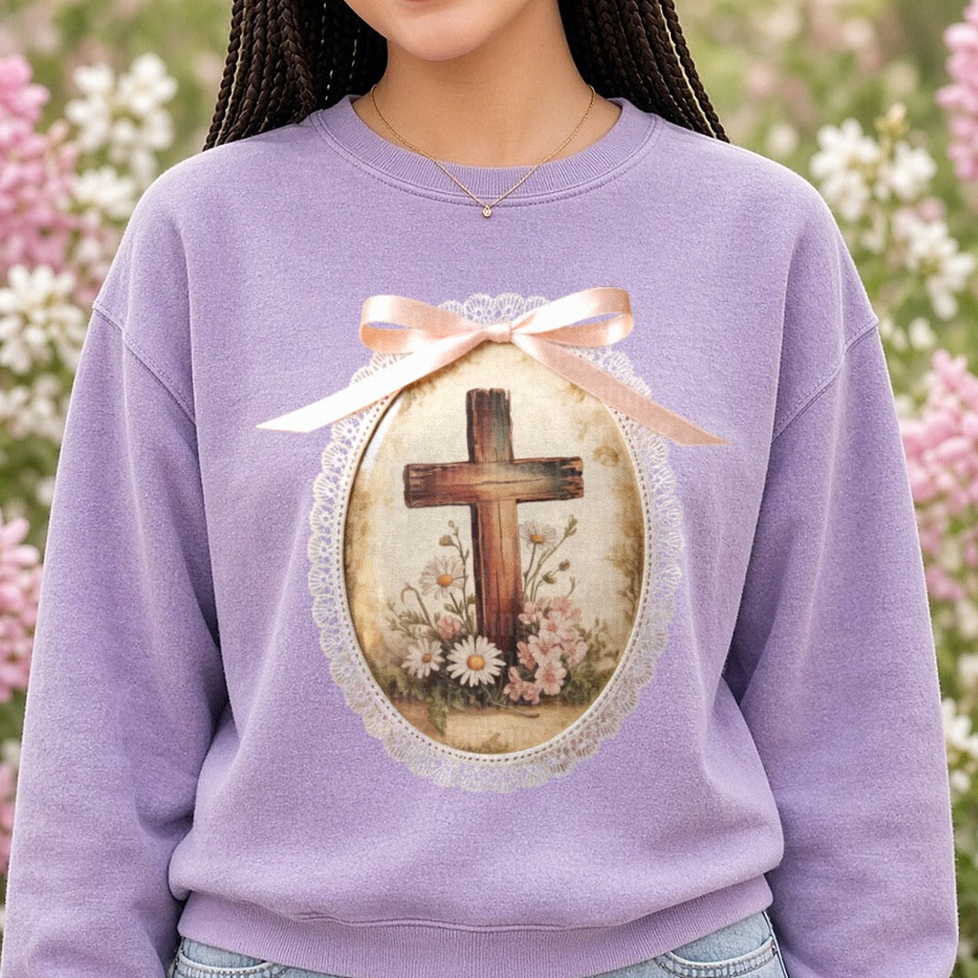 Vintage Easter Cross DTF transfer shown on a Comfort Colors sweatshirt