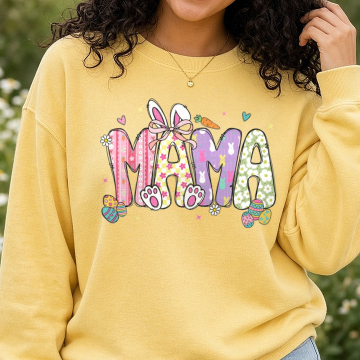 Easter Mama DTF transfer shown on a Comfort Colors sweatshirt