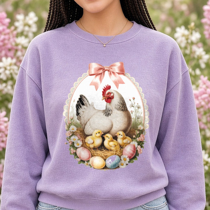 Vintage Easter Hen DTF transfer shown on a Comfort Colors sweatshirt