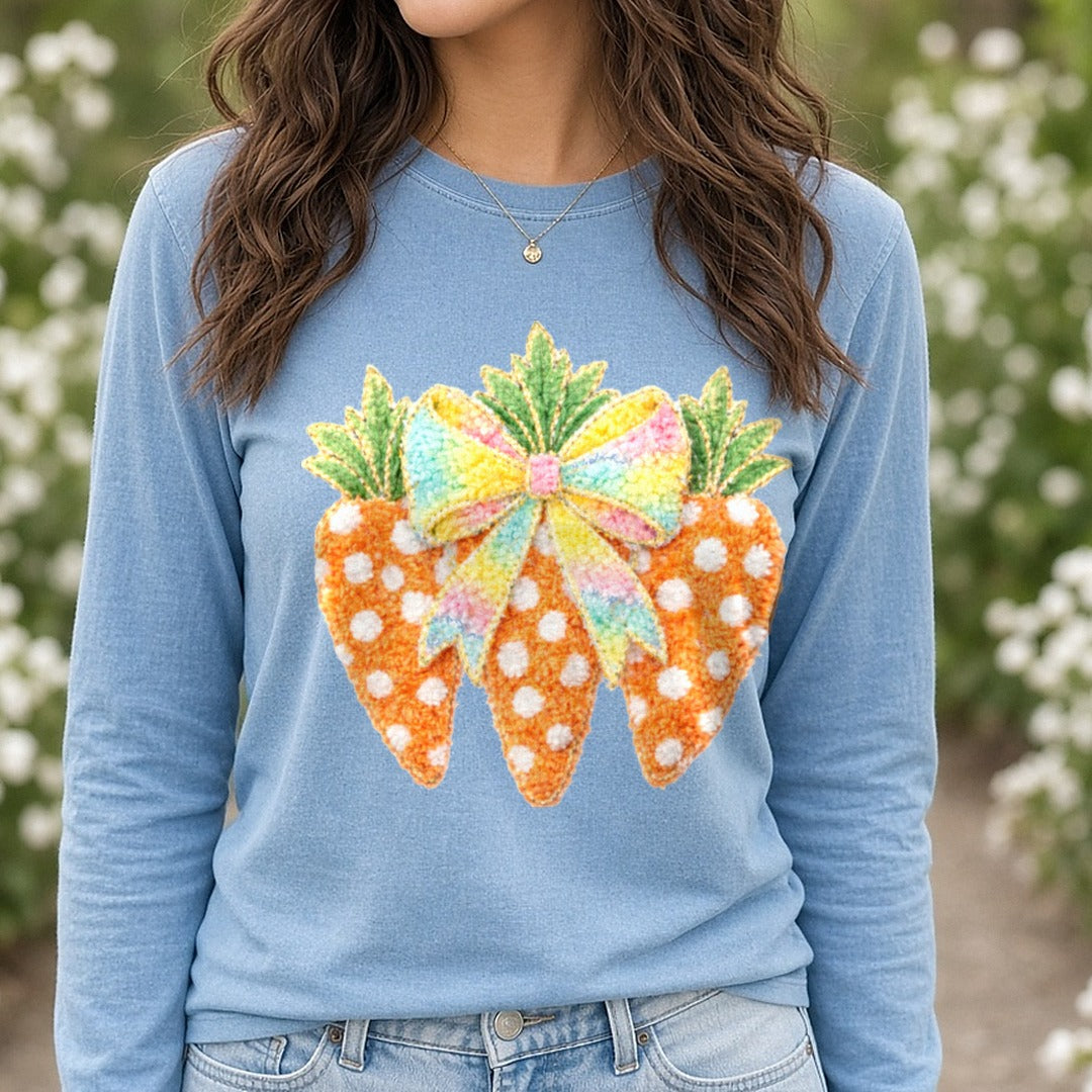 Faux Yarn Easter Carrots Trio DTF transfer shown on a Comfort Colors long sleeve tee