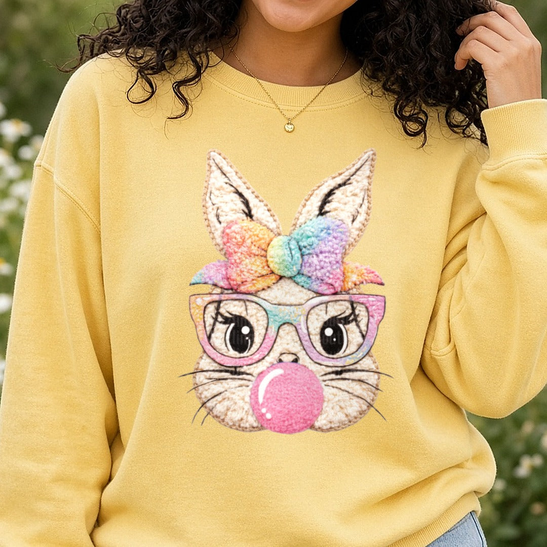 Faux Yarn Knitted Easter Bunny DTF transfer shown on a Comfort Colors sweatshirt
