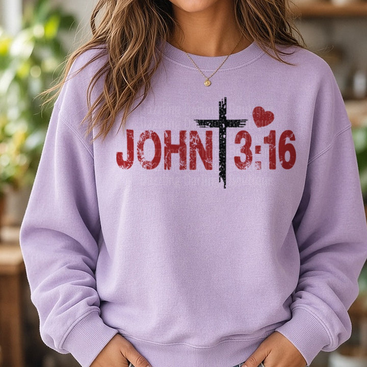 John 3:16 DTF transfer shown on a Comfort Colors sweatshirt
