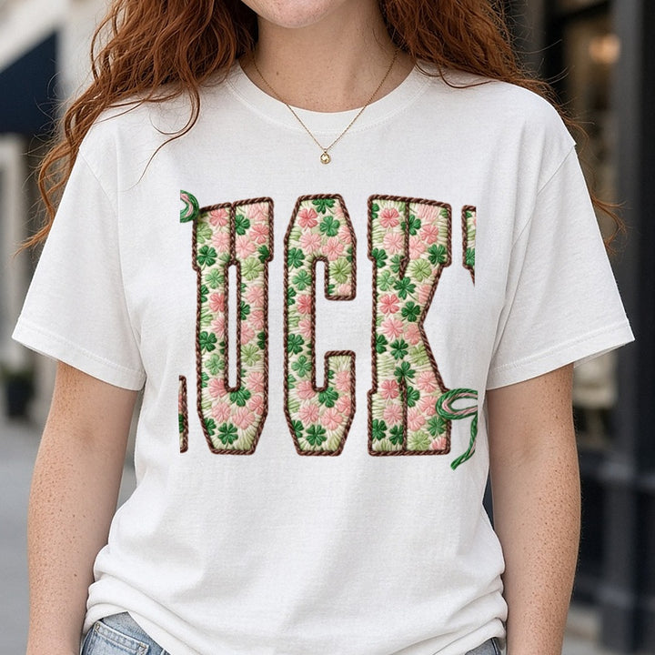 Faux yarn lucky png DTF transfer shown on a Comfort Colors tee