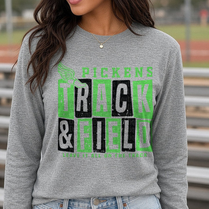 Pickens Track and Field DTF transfer shown on a Comfort Colors long sleeve tee