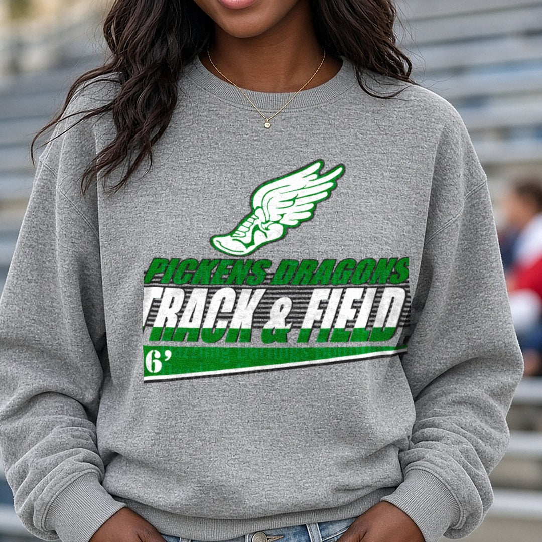 Track and Field Pickens Dragons DTF transfer shown on a Comfort Colors sweatshirt