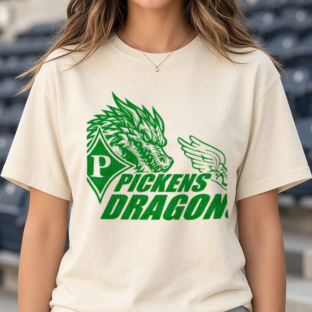 Track And Field Pickens Dragons Green Dragon Head Diamond P DTF transfer shown on a Comfort Colors tee