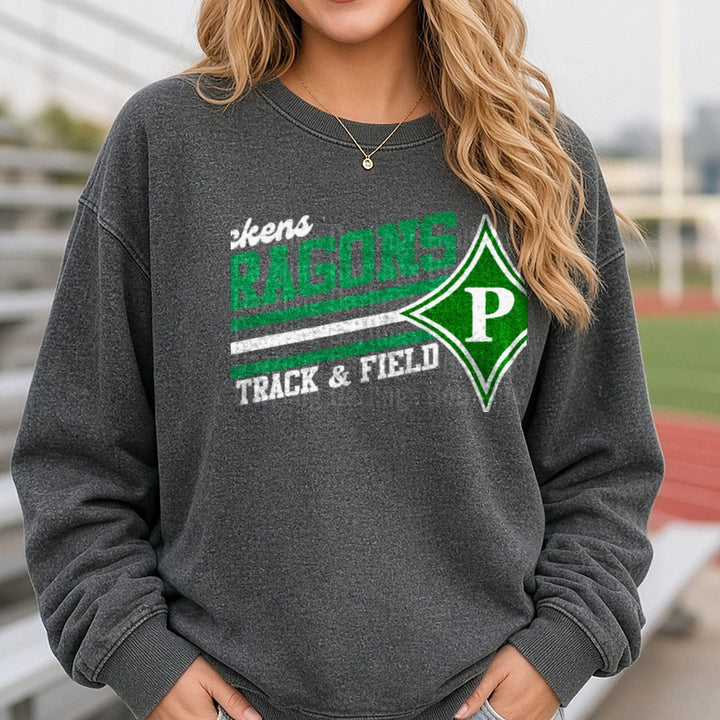 Track And Field Pickens Dragons Green Diamond P Stripes DTF transfer shown on a Comfort Colors sweatshirt