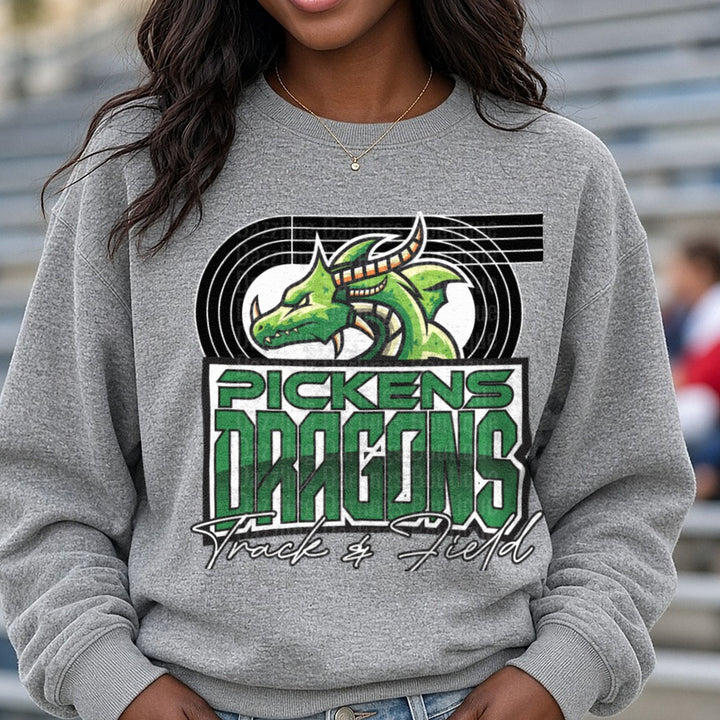 Track And Field Pickens Dragons Distressed Dragon Oval Track DTF transfer shown on a Comfort Colors sweatshirt