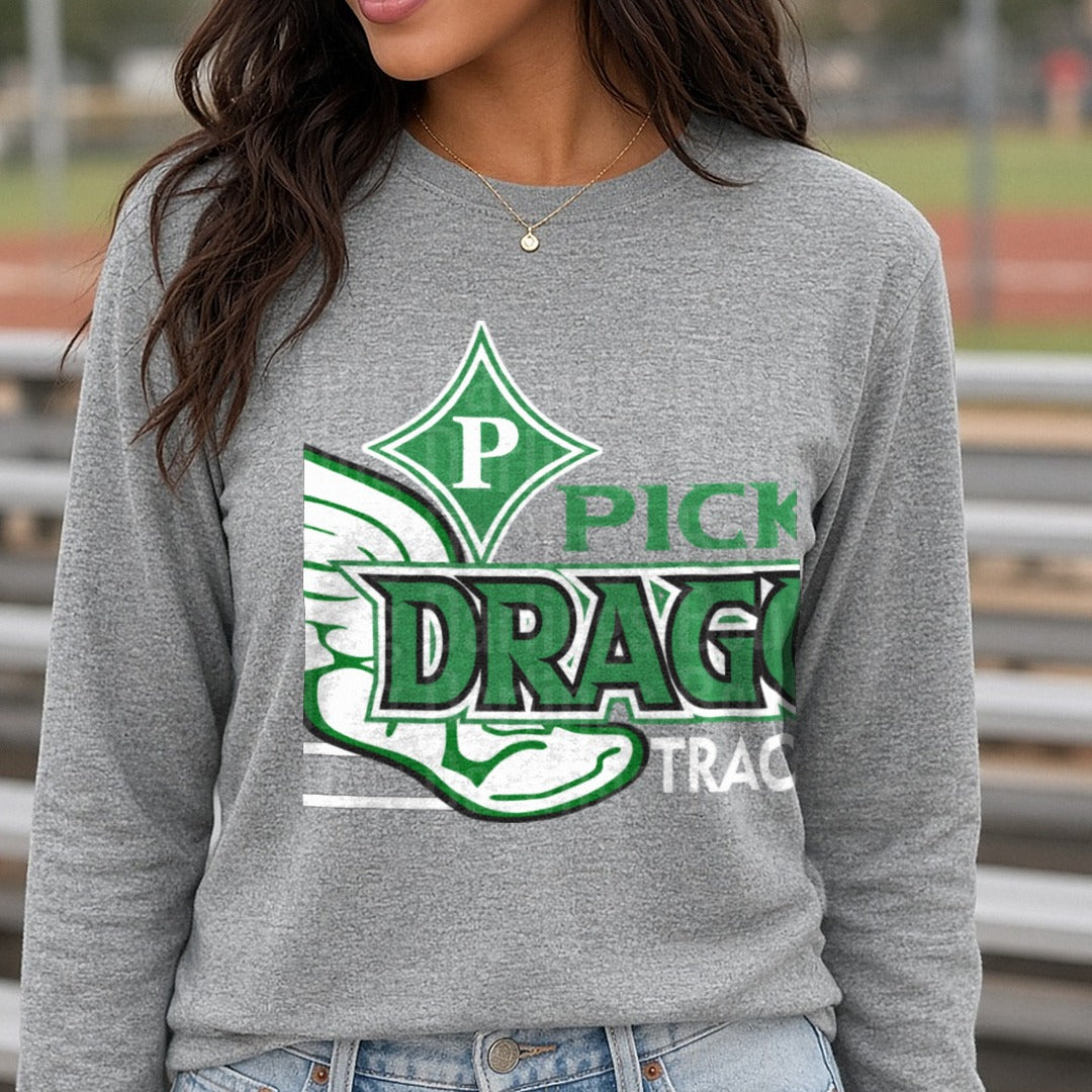 Track And Field Pickens Dragons Diamond P Winged Shoe Distressed DTF transfer shown on a Comfort Colors long sleeve tee