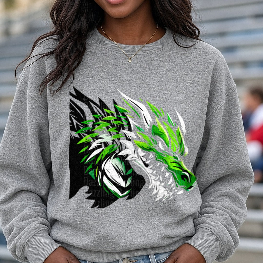 Track And Field Pickens Dragons Black White Green Dragon Head DTF transfer shown on a Comfort Colors sweatshirt