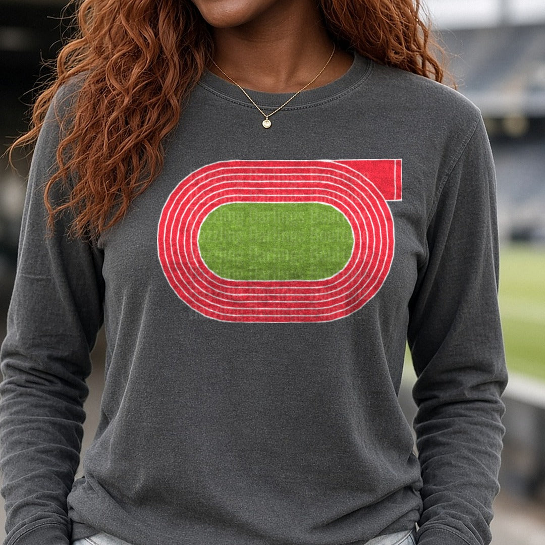Track And Field Pickens Dragons Red Running Track Green Field DTF transfer shown on a Comfort Colors long sleeve tee
