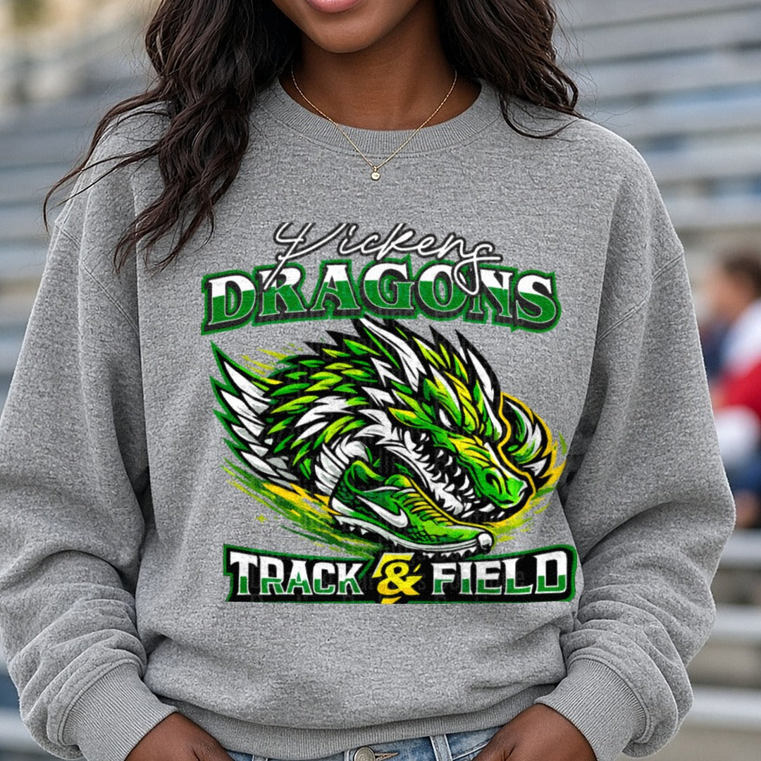 Track And Field Pickens Dragons Fierce Dragon Neon Green DTF transfer shown on a Comfort Colors sweatshirt