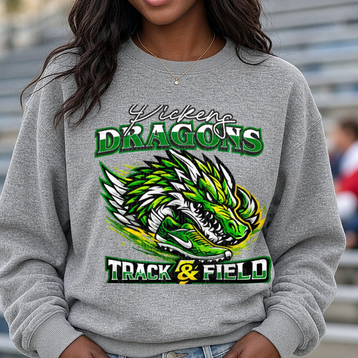 Track And Field Pickens Dragons Fierce Dragon Neon Green DTF transfer shown on a Comfort Colors sweatshirt