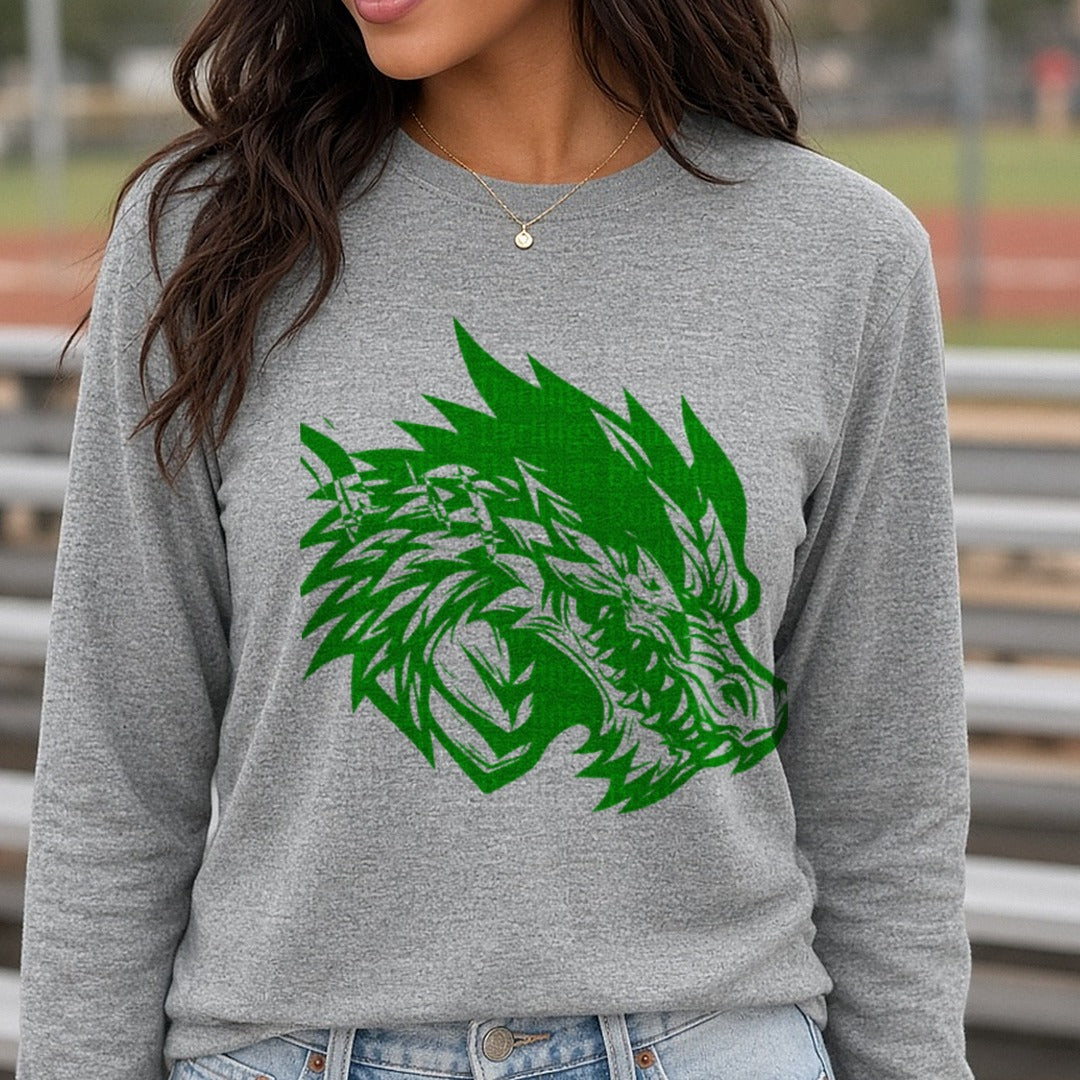 Track And Field Pickens Dragons Green Dragon Head Silhouette DTF transfer shown on a Comfort Colors long sleeve tee