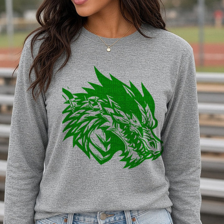 Track And Field Pickens Dragons Green Dragon Head Silhouette DTF transfer shown on a Comfort Colors long sleeve tee