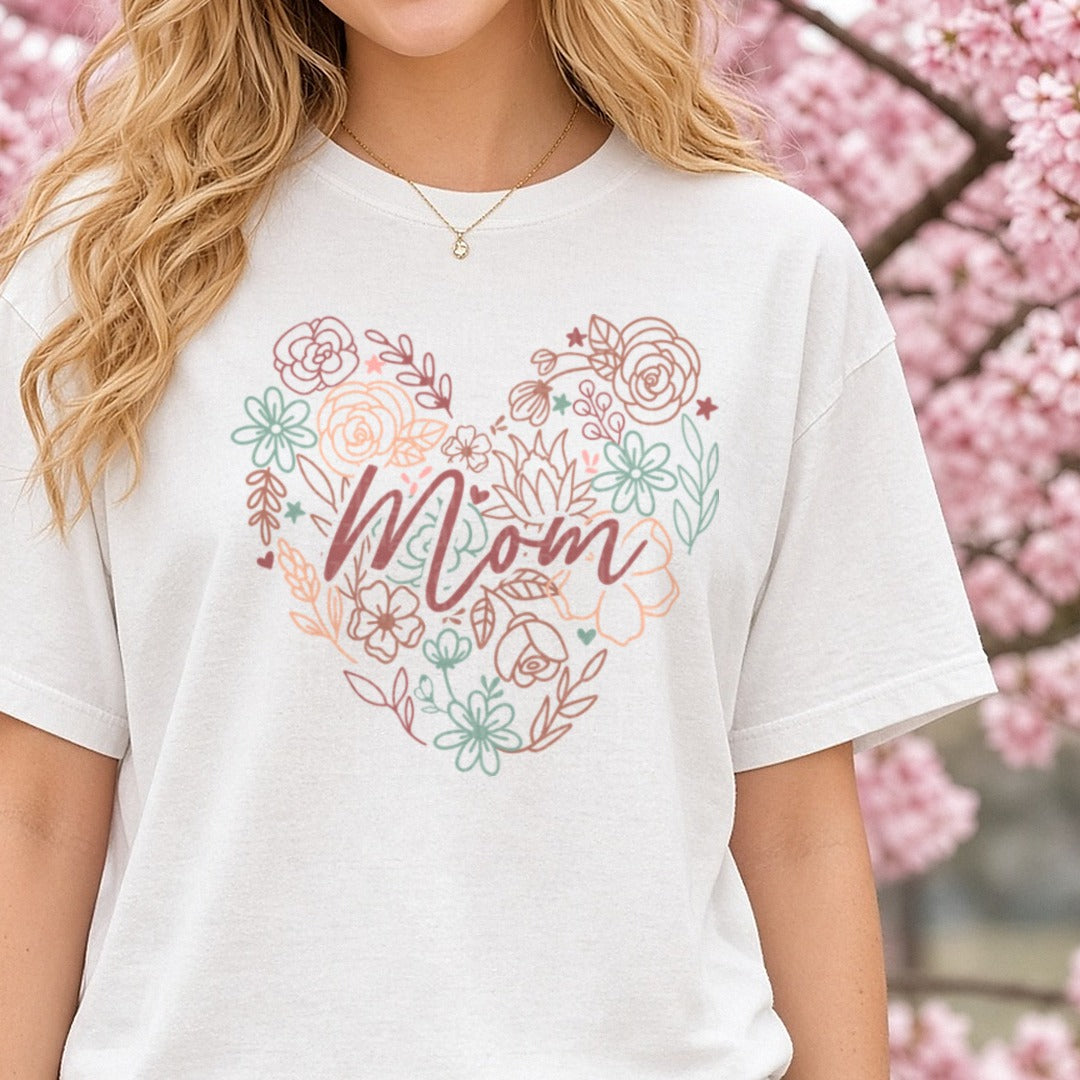 Mom Floral Heart Wreath with Roses and Wildflowers DTF transfer shown on a Comfort Colors tee