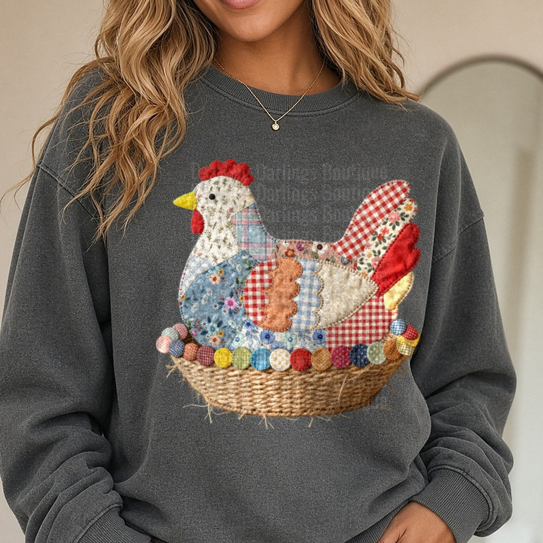 Patchwork Rooster in Wicker Basket with Colorful Fabric Circles DTF transfer shown on a Comfort Colors sweatshirt