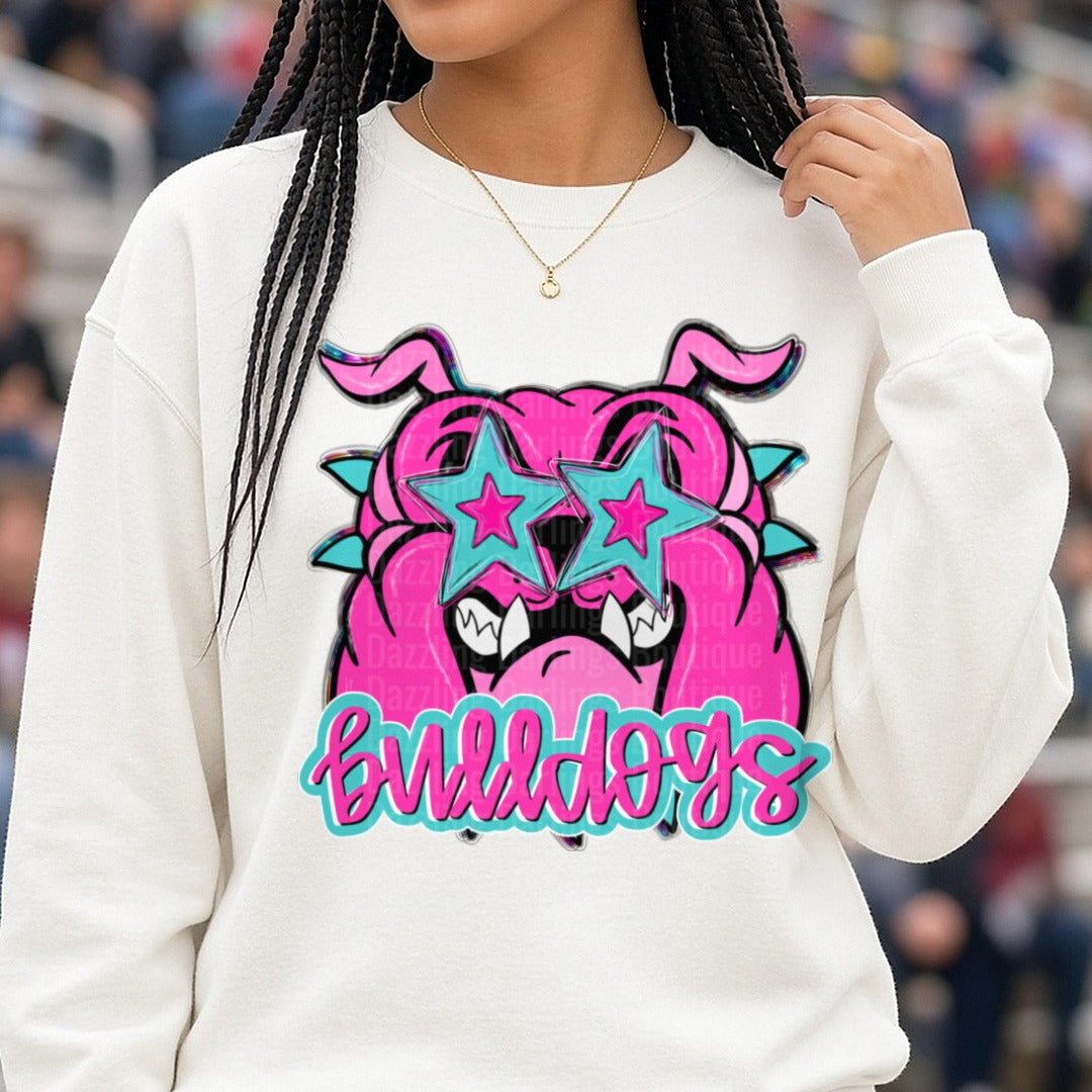 Pink Bulldog with Star Sunglasses and Sharp Teeth DTF transfer shown on a Comfort Colors sweatshirt