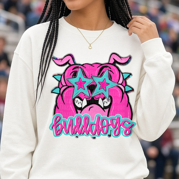 Pink Bulldog with Star Sunglasses and Sharp Teeth DTF transfer shown on a Comfort Colors sweatshirt