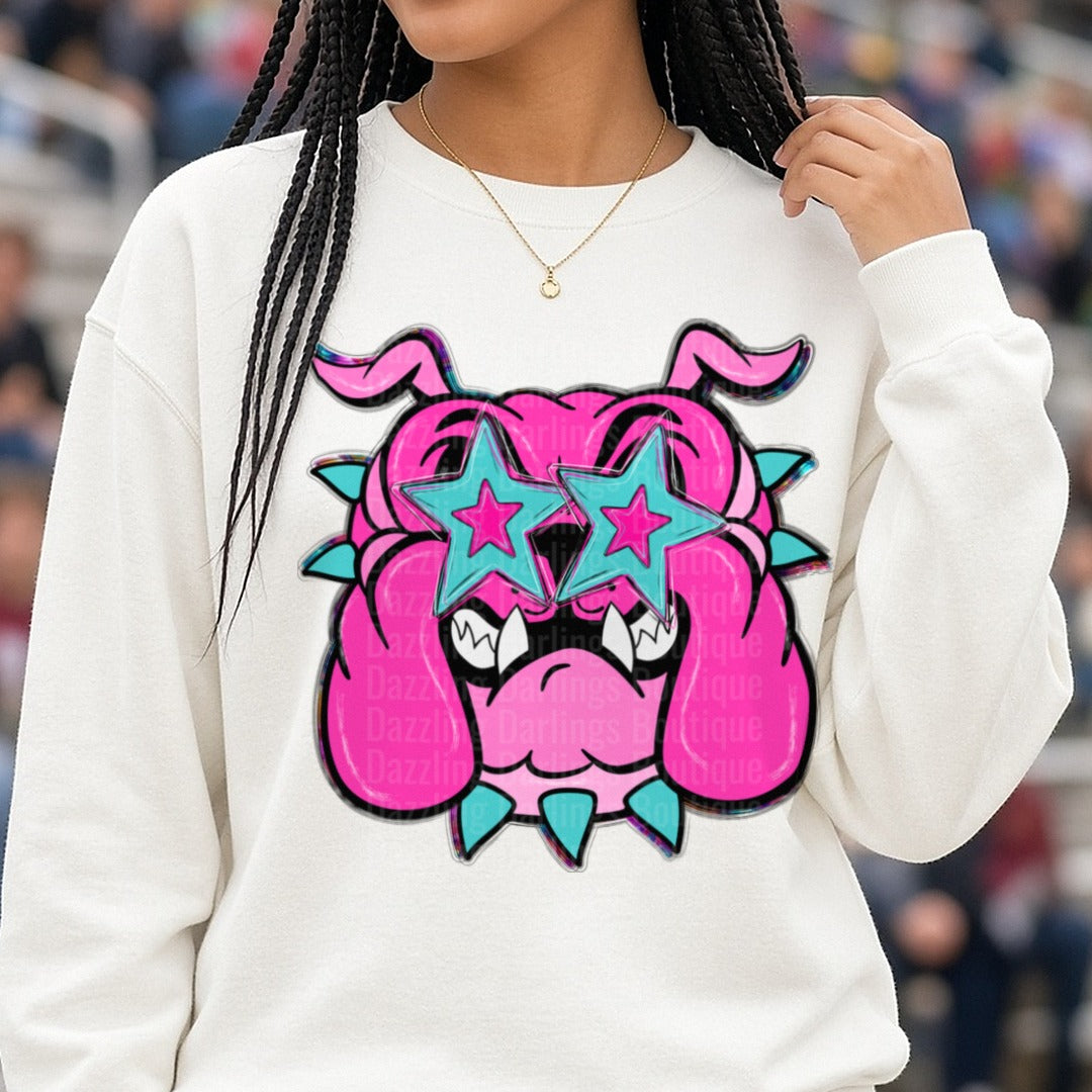 Pink Bulldog with Star-Shaped Eyes and Teeth DTF transfer shown on a Comfort Colors sweatshirt