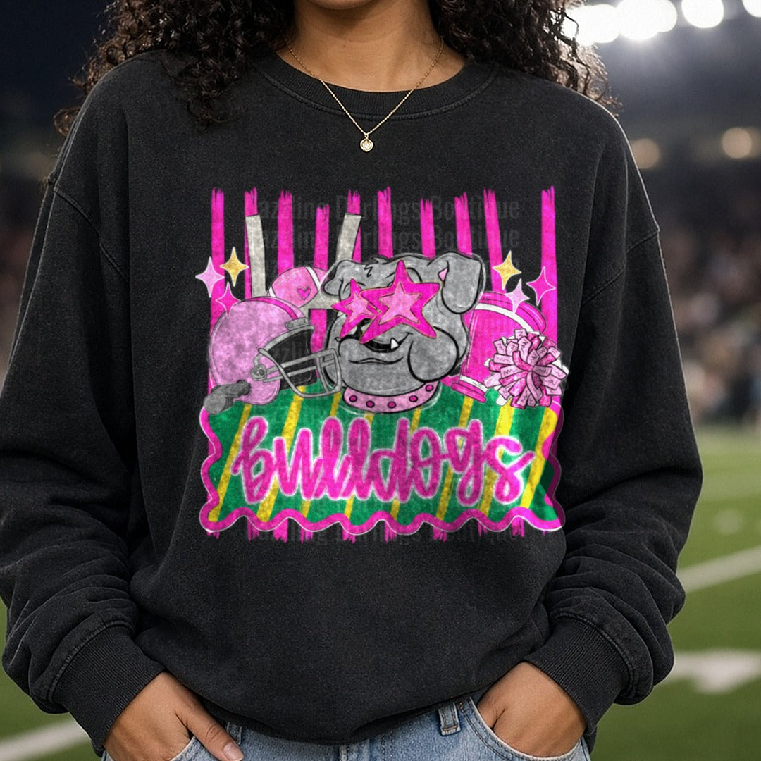 Pink Green Bay Packers Bulldogs Cheerleader Design with Pom Poms DTF transfer shown on a Comfort Colors sweatshirt