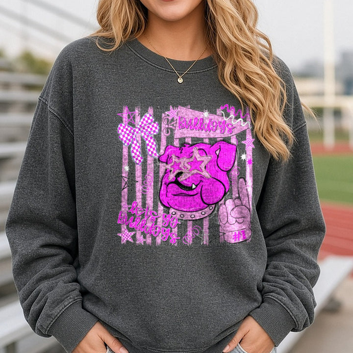 Pink Bulldogs Mascot with Star Sunglasses and Paw Print DTF transfer shown on a Comfort Colors sweatshirt